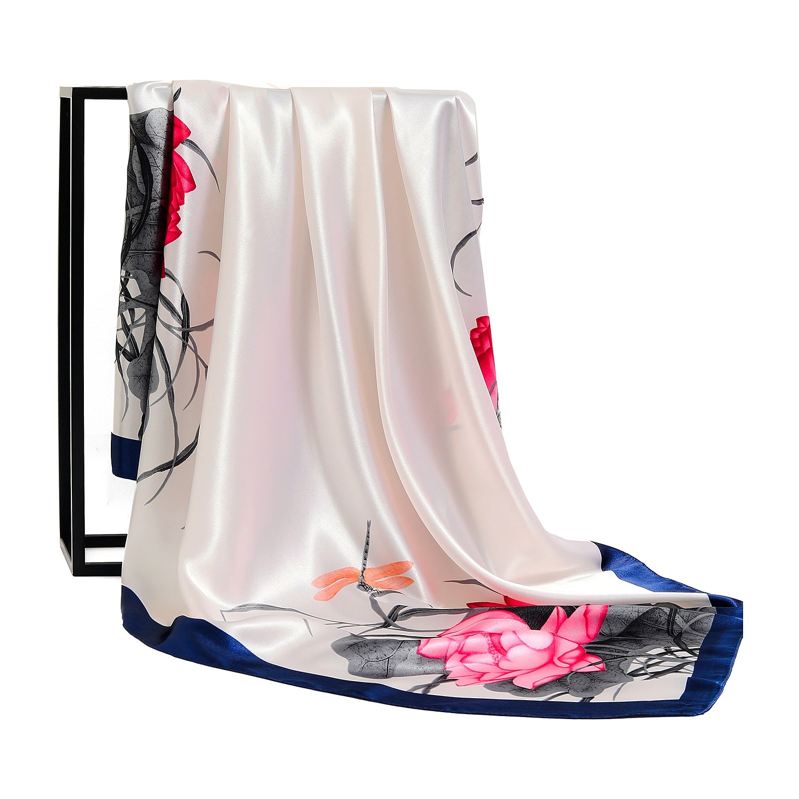 Lotus & Dragonfly Silk Square Scarf 90x90cm shown draped, full print visible