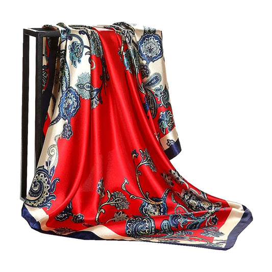Red Floral Silk Satin Square Scarf 90x90cm shown draped, full print visible