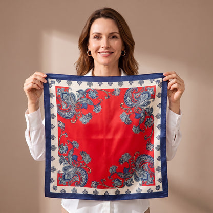 A woman holding the Red Floral Silk Satin Square Scarf 90x90cm open so the whole print is visible