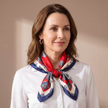 A woman wearing the Red Floral Silk Satin Square Scarf 90x90cm knotted at the neck over a white shirt
