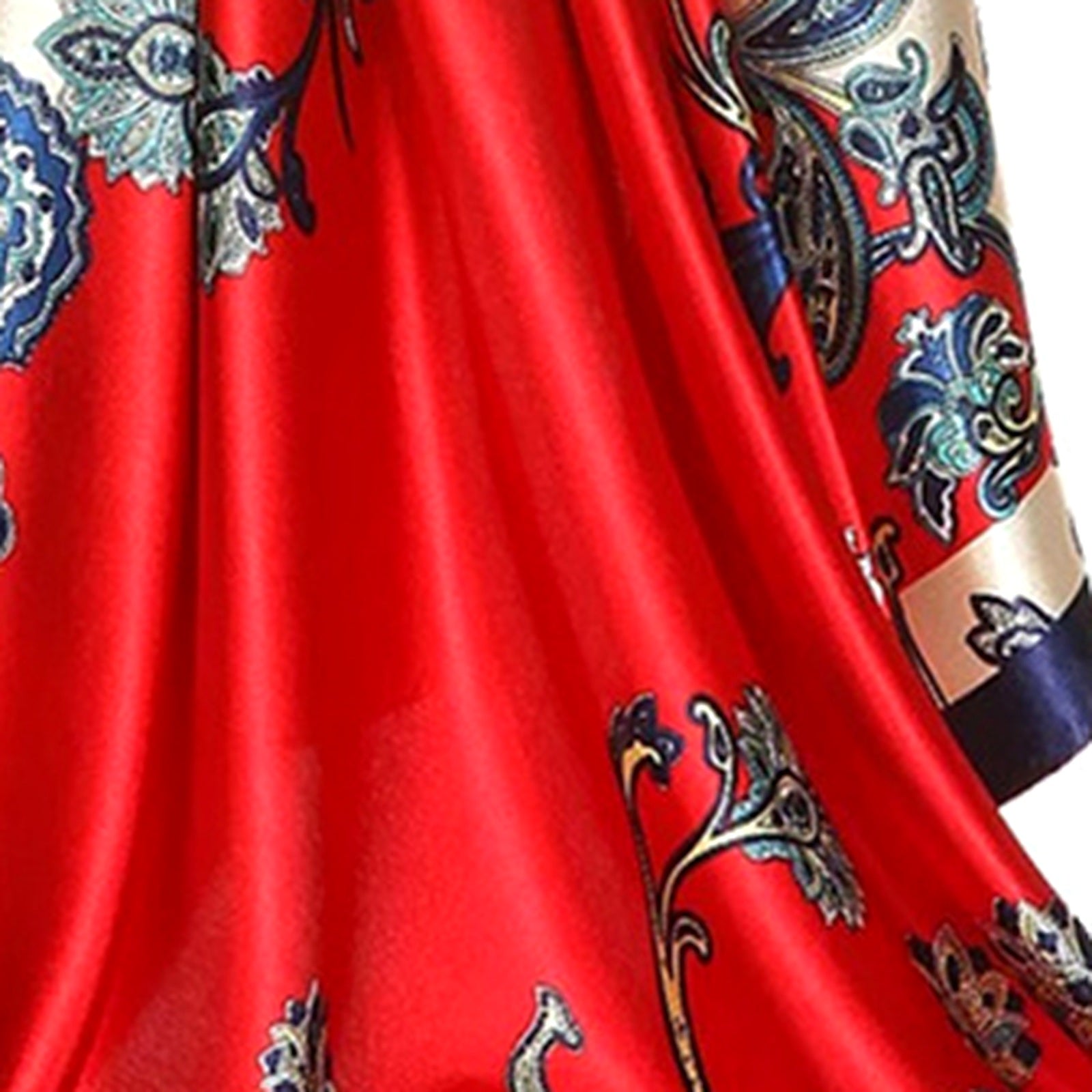 Close-up of the printed motif, navy border and silk sheen on Red Floral Silk Satin Square Scarf 90x90cm