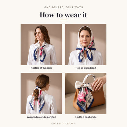 Four ways to wear it: knotted at the neck, tied as a headscarf, wrapped around a ponytail, tied to a bag handle