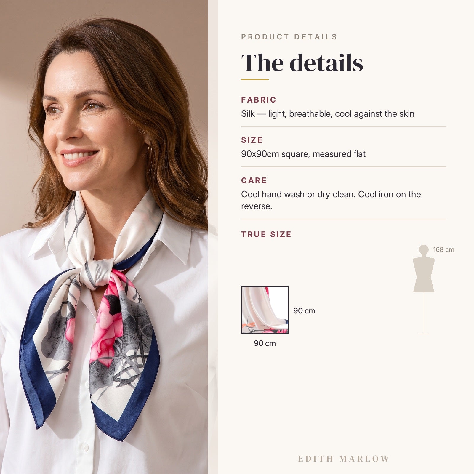 Product details for Lotus & Dragonfly Silk Square Scarf 90x90cm: fabric, size, care, and the 90x90cm square shown to scale against a 168 cm figure