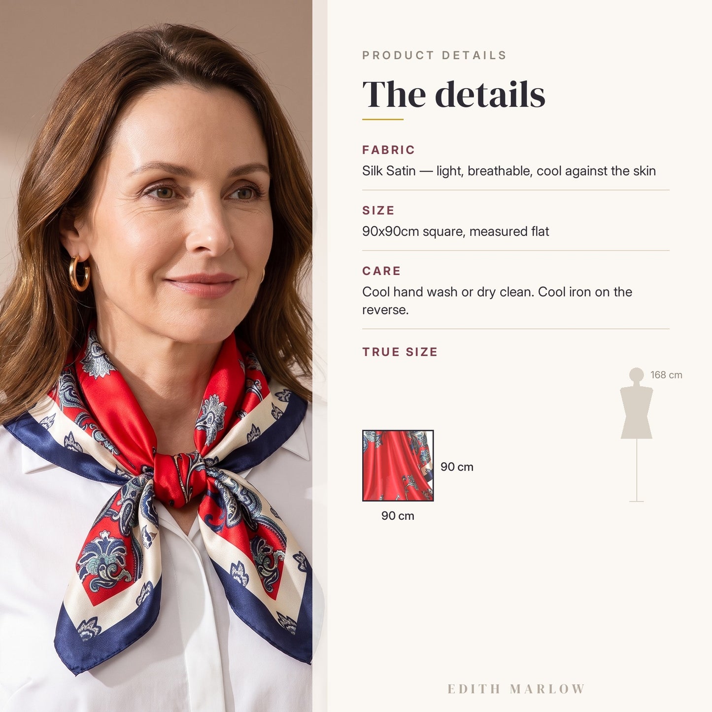 Product details for Red Floral Silk Satin Square Scarf 90x90cm: fabric, size, care, and the 90x90cm square shown to scale against a 168 cm figure