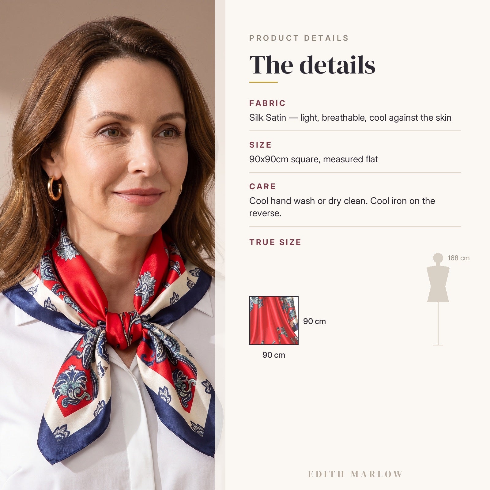 Product details for Red Floral Silk Satin Square Scarf 90x90cm: fabric, size, care, and the 90x90cm square shown to scale against a 168 cm figure